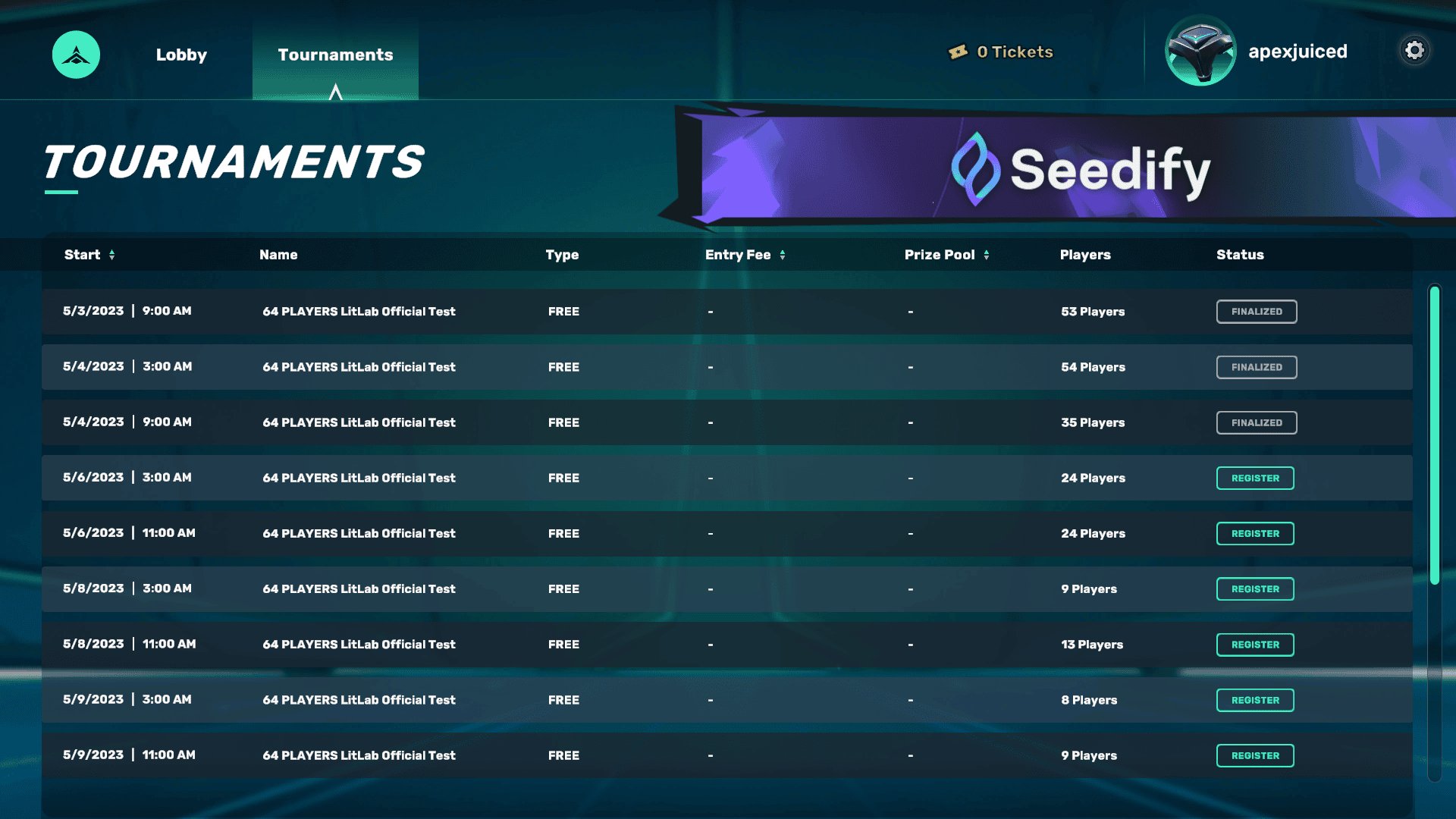 Cybertitans Tournaments Registration Screen