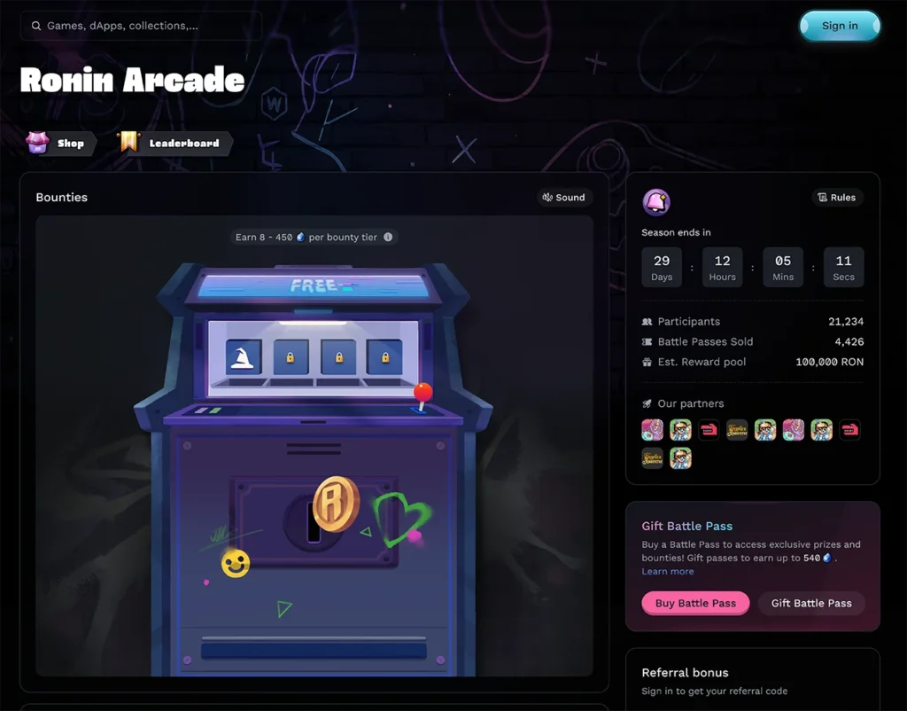 Ronin Arcade leaderboard competition and play-to-earn gaming rewards